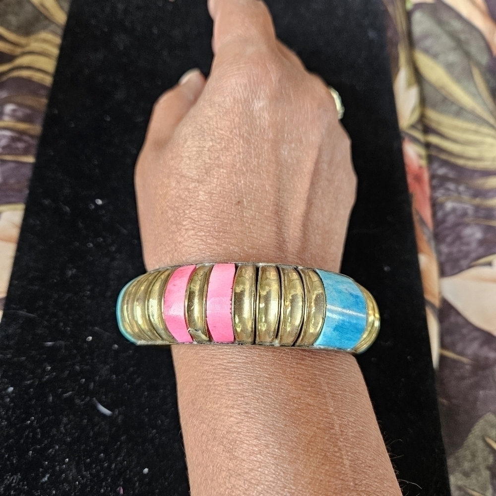 Vintage Boho Brass with Blue and Pink Enamel Panels